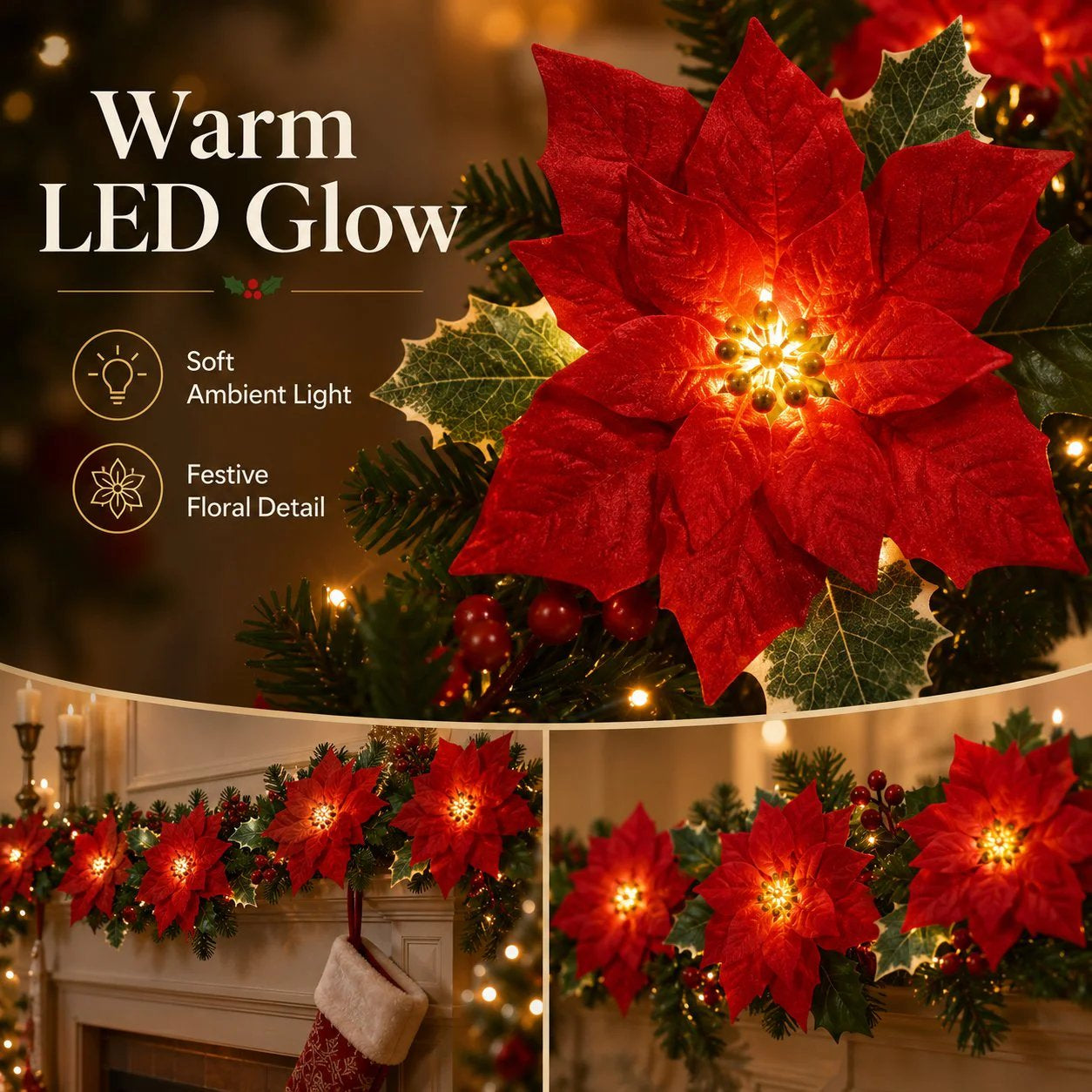 ✨ Cozy Christmas Poinsettia Vine Lights | Add Magic to Your Fireplace & Holiday Table 🎄