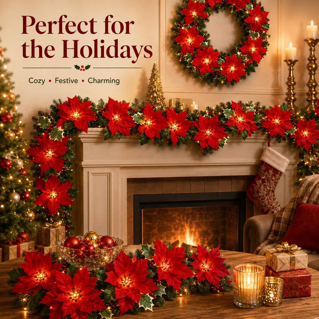 ✨ Cozy Christmas Poinsettia Vine Lights | Add Magic to Your Fireplace & Holiday Table 🎄