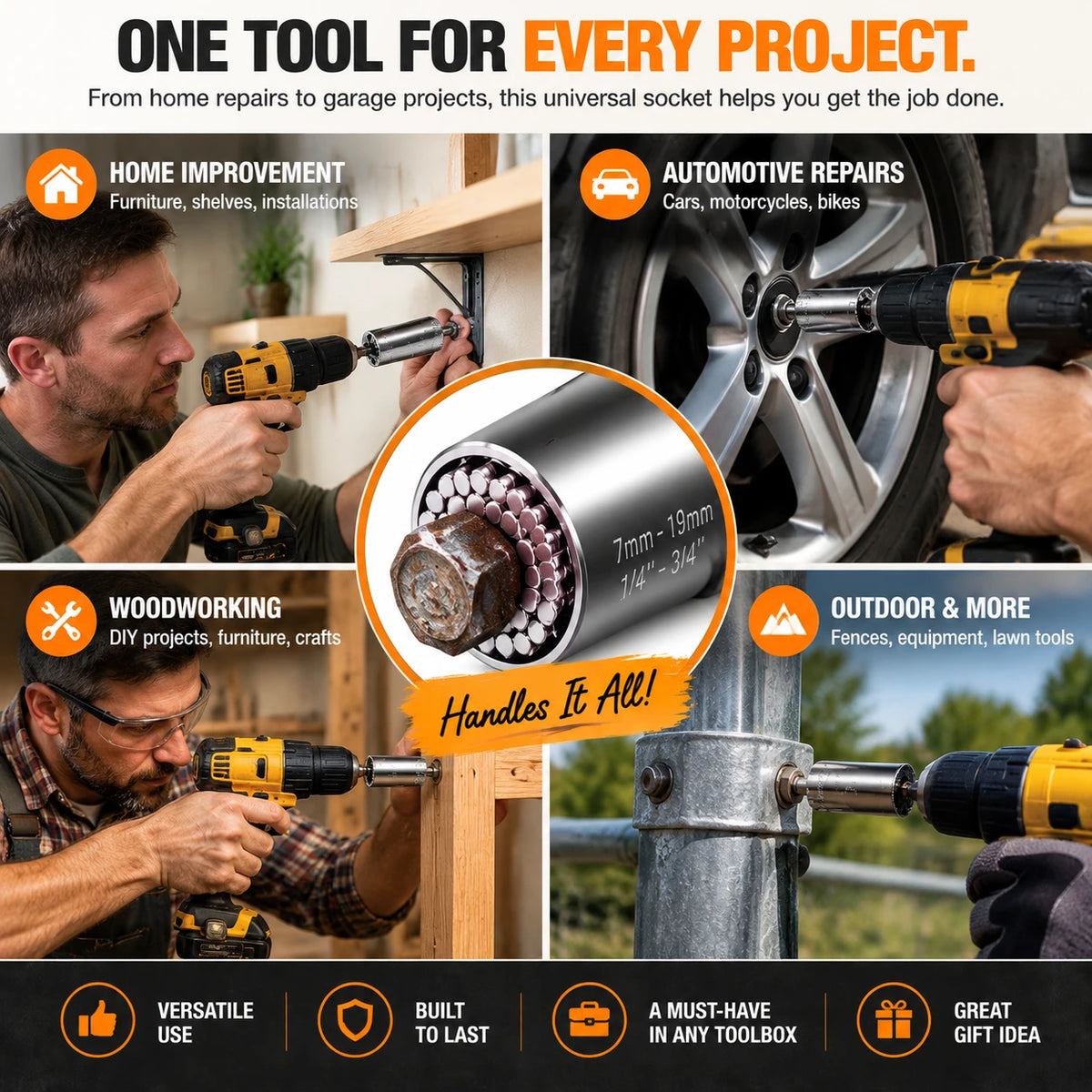 The Ultimate Universal Socket Tool – Instantly Grips Any Shape (7-19mm) with Power Drill Adapter
