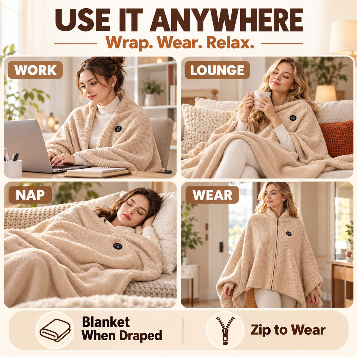 🔥 All-Day Warmth: 3-Mode USB Powered Electric Heating Shawl