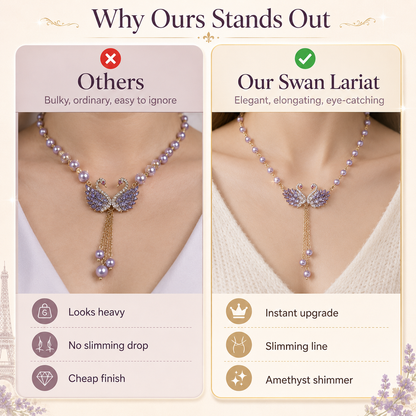 💜 Elegant Double Swan Crystal & Pearl Long Necklace 🦢
