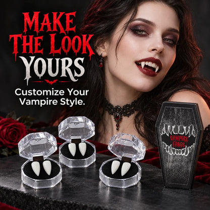 🦇 Your Vampire Look: 4-Size Ivory Fangs Kit & Coffin Box