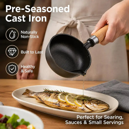 🍳 4.3' Pre-Seasoned Cast Iron Mini Sauce Pan with Wooden Handle & Dual Pour Spouts