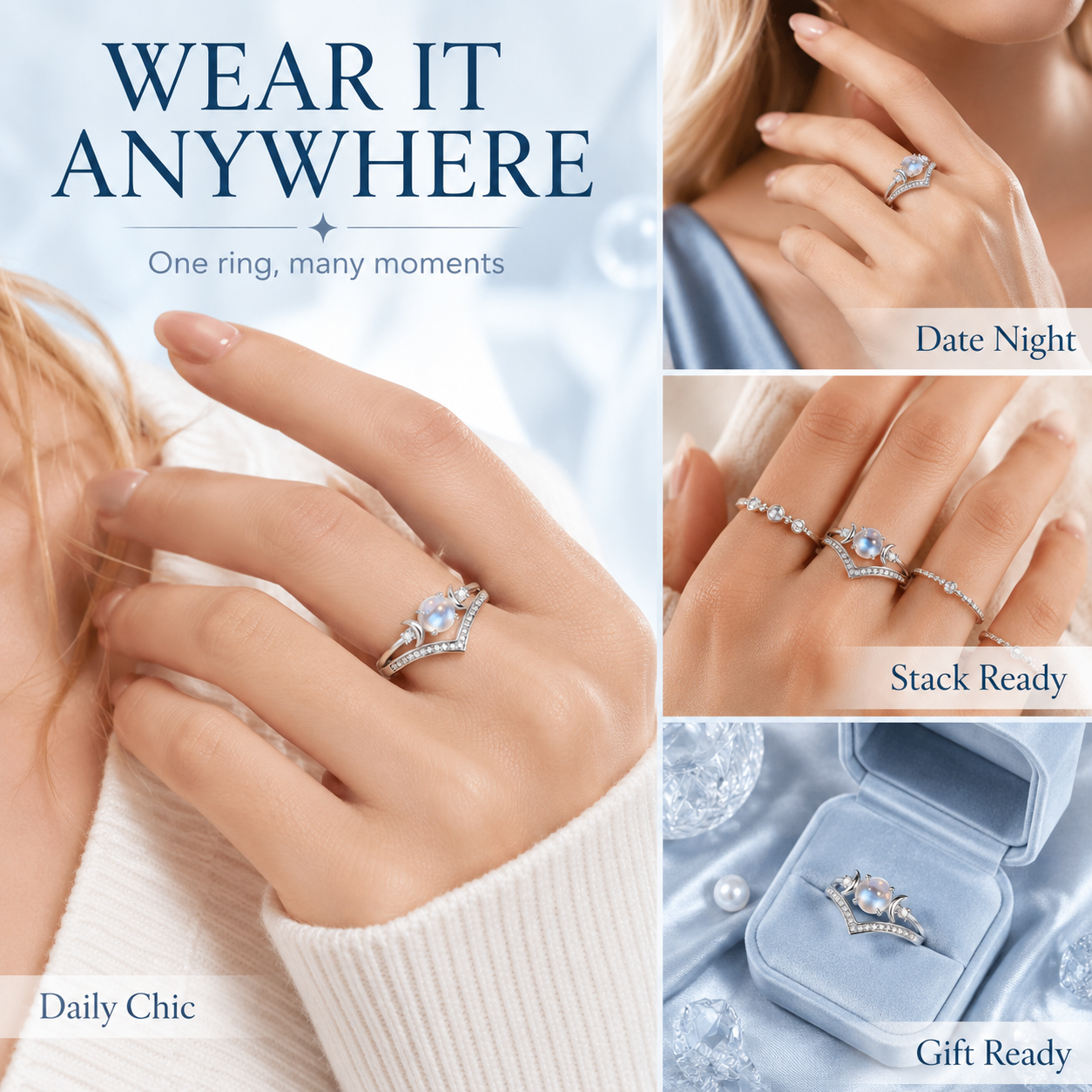 🌙 Mystic Triple Moon & Moonstone Ring | Celestial Vintage Jewelry