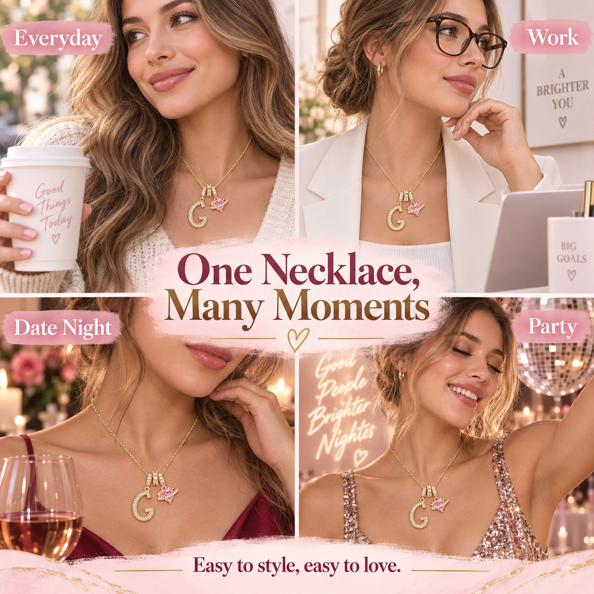 3-in-1 Custom Alphabet & Pink Zircon Pendant Necklace💫