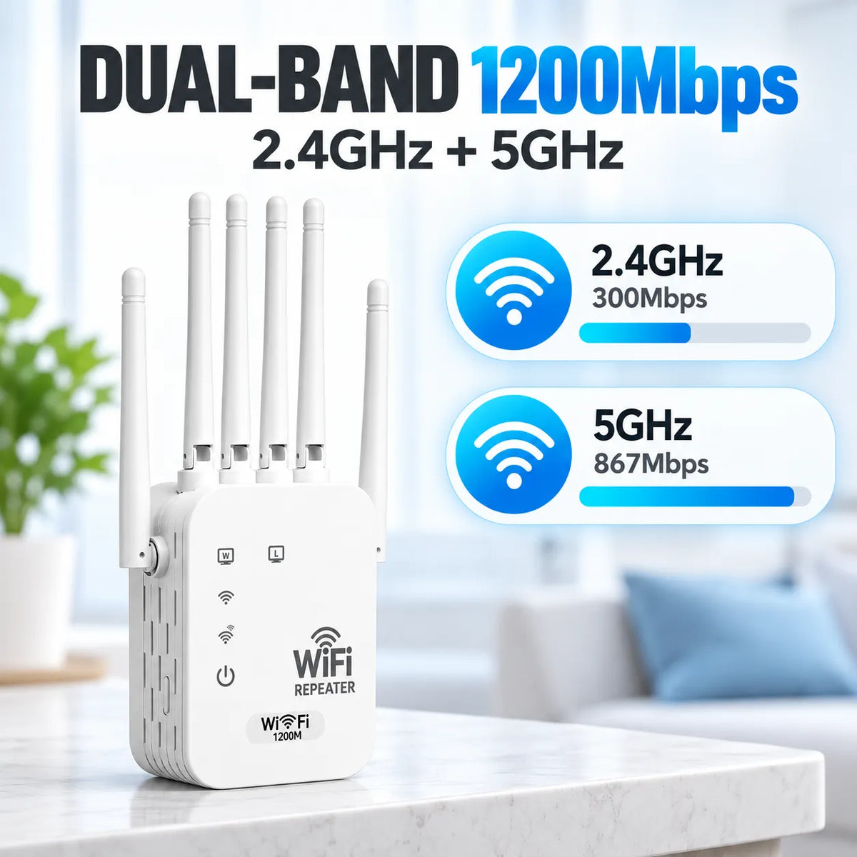 📶 1200Mbps WiFi Range Extender – 6-Antenna Signal Booster for Home 🏠