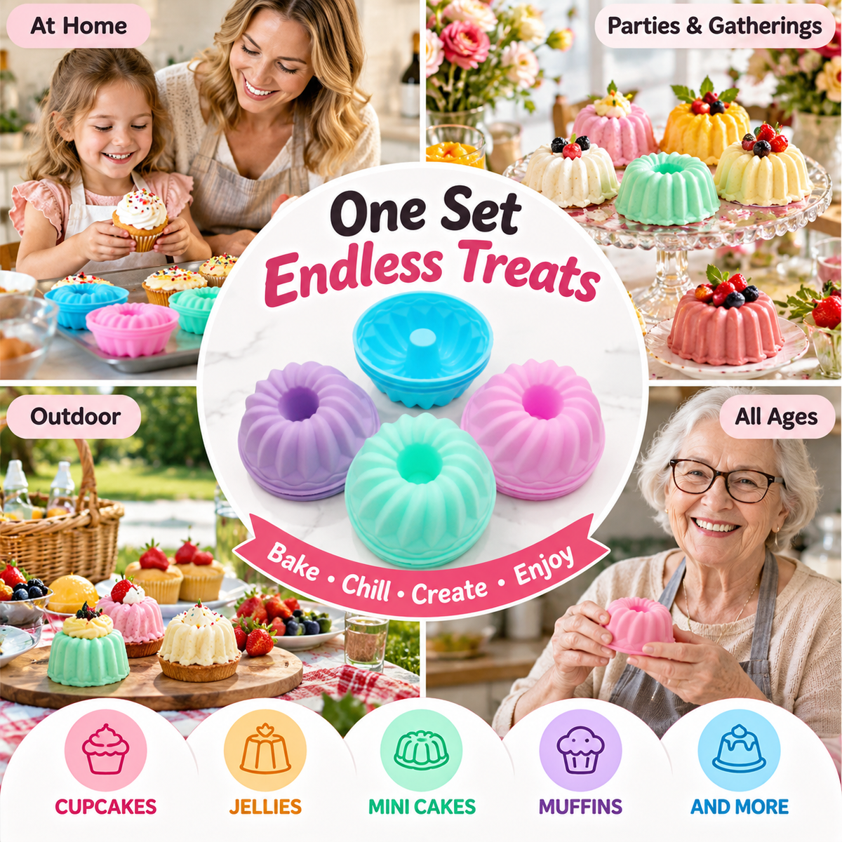 Multi-Shape Non-Stick Silicone Baking Cups & Muffin Molds Set (Reusables) 🧁