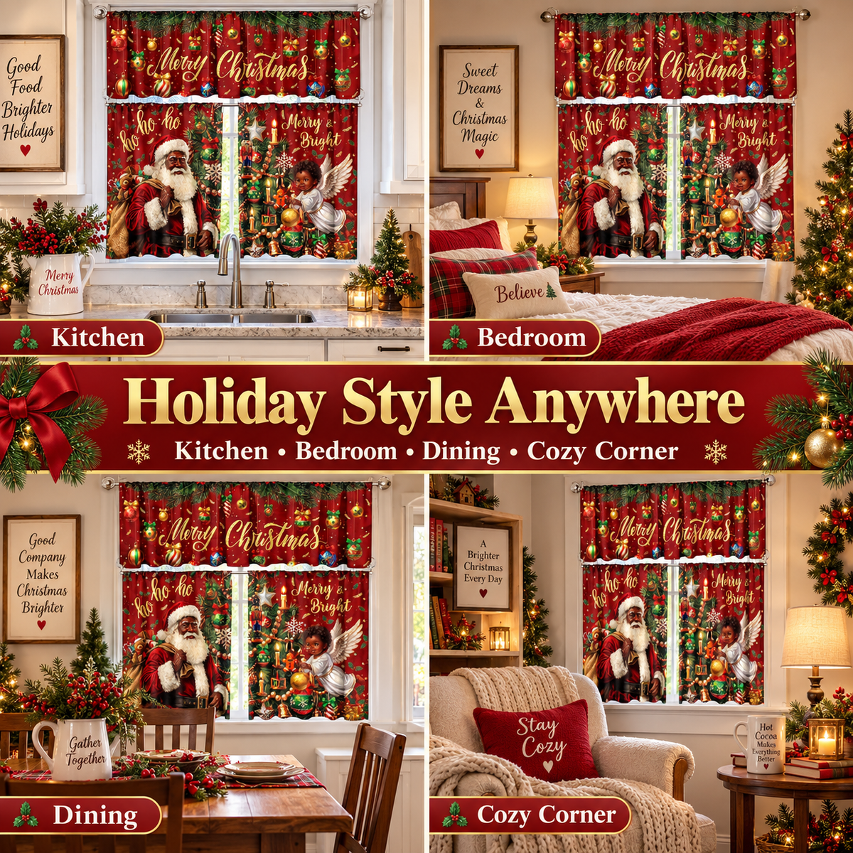 🎄 Christmas Buffalo Plaid Kitchen Curtain & Valance 3-Piece Set