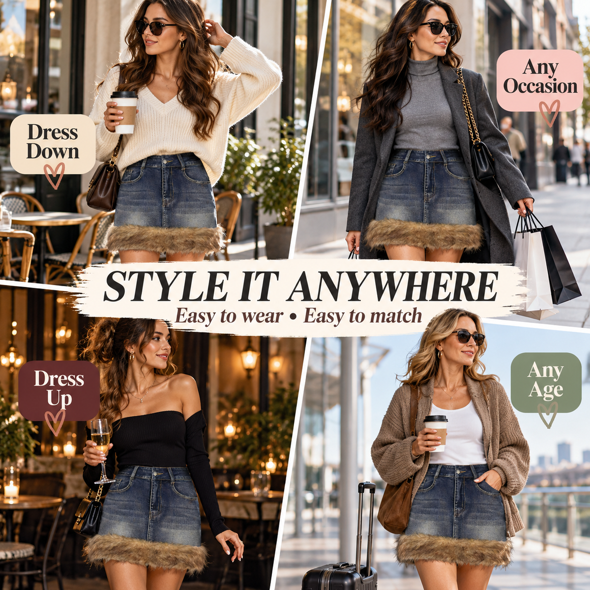Y2K Vintage Faux Fur Trimmed Denim Mini Skirt