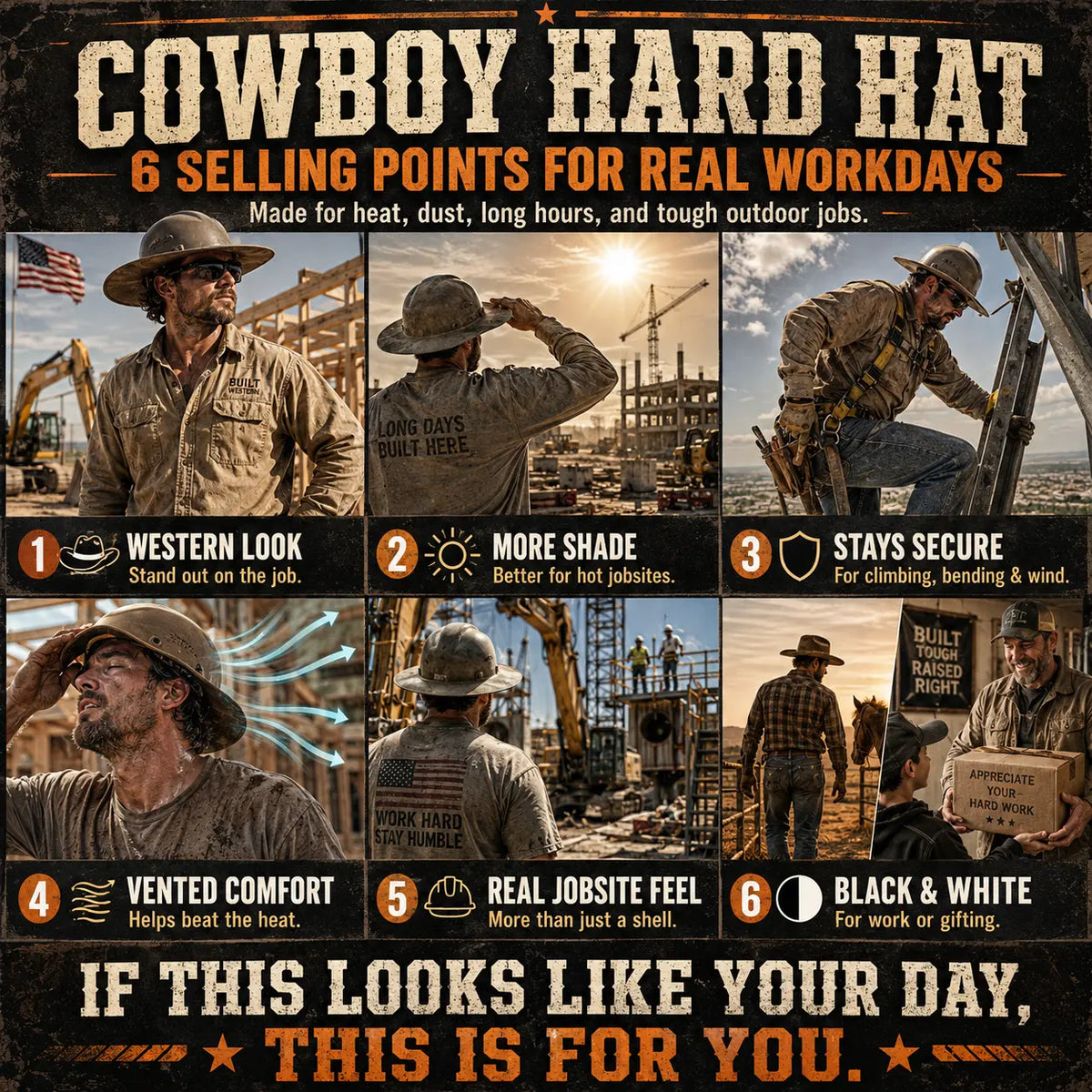 🤠 Western Cowboy Hard Hat Wide Brim Helmet with Chin Strap 🛡️