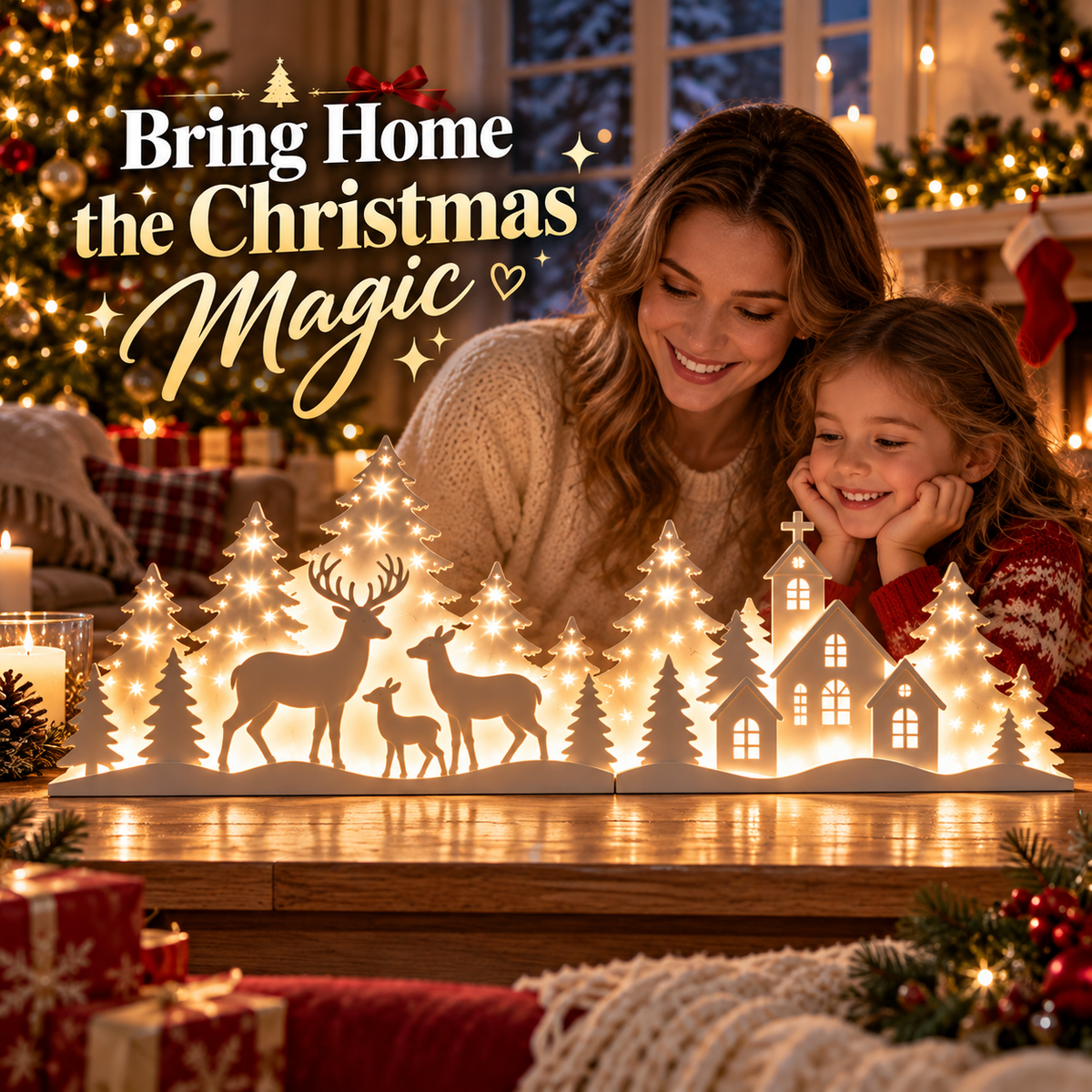 ✨ Light-Up Christmas Deer & Village Scene – Cozy Holiday Tabletop Decor
