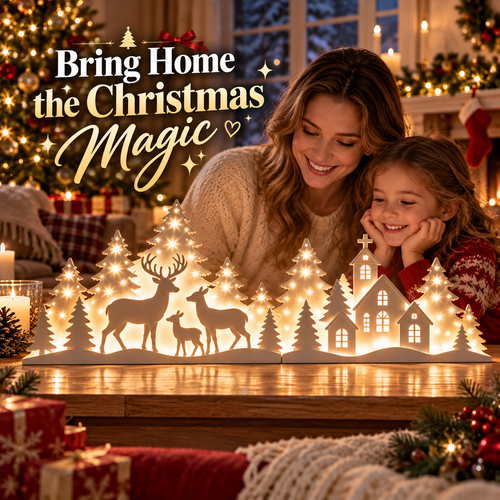 ✨ Light-Up Christmas Deer & Village Scene – Cozy Holiday Tabletop Decor