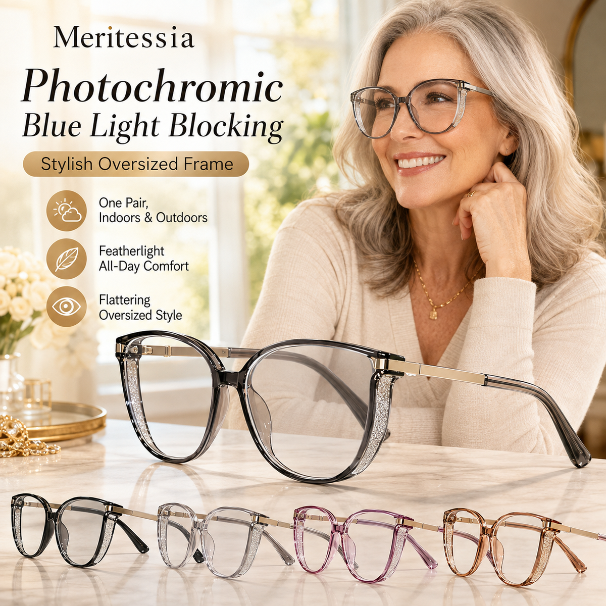 🕶️ Oversized Fashion Prescription Glasses – Trendy Photochromic Lenses with Blue Light Blocking ✨