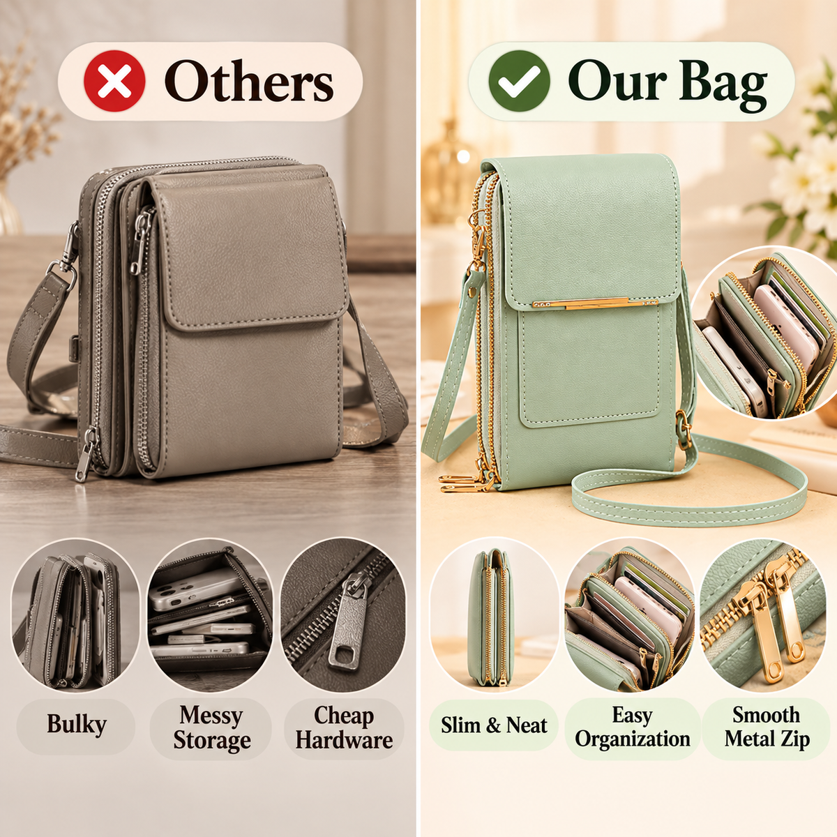 📱 Touch-Screen Multi-Pocket Crossbody Phone Bag