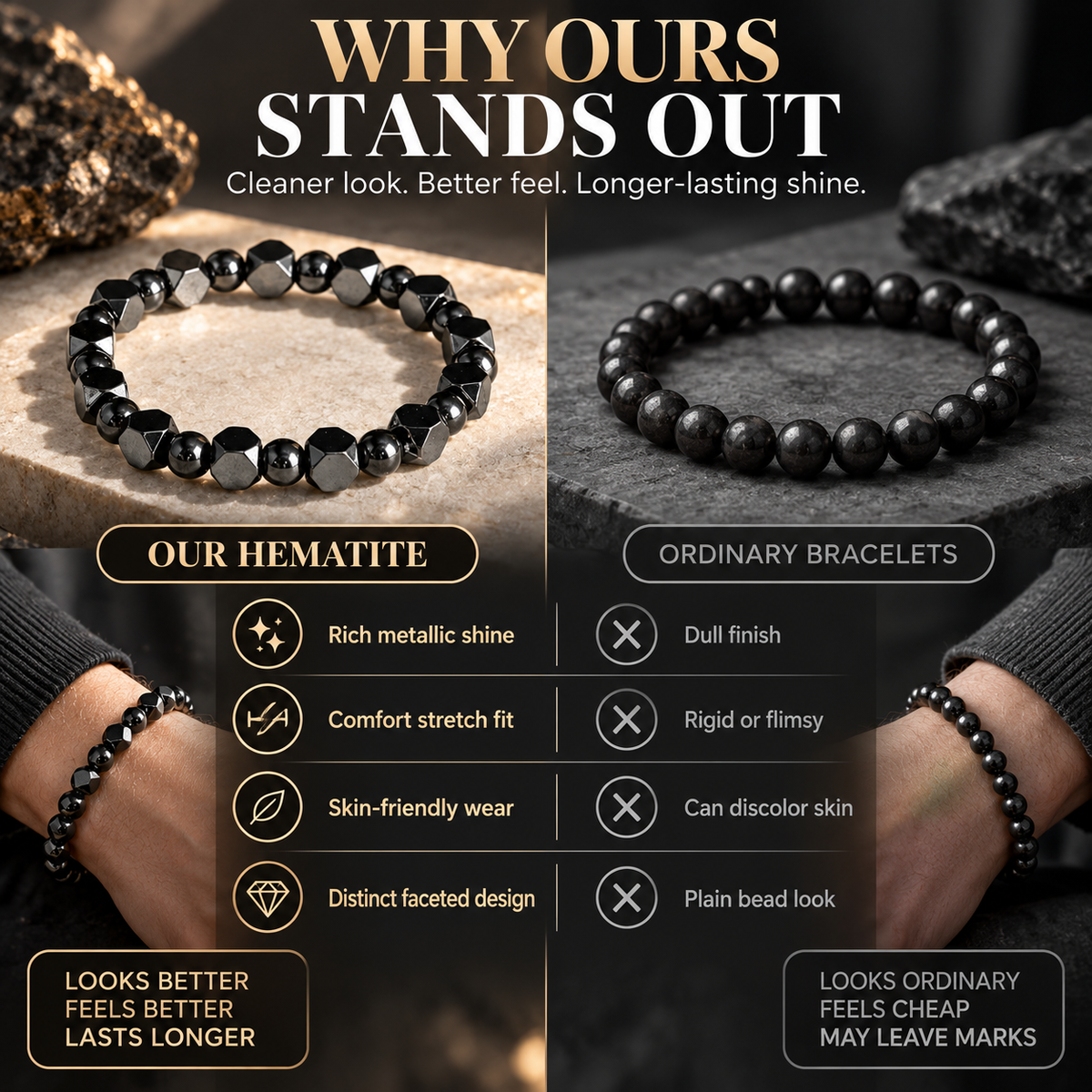 Handcrafted Geometric Natural Hematite Stone Bracelet 🖤