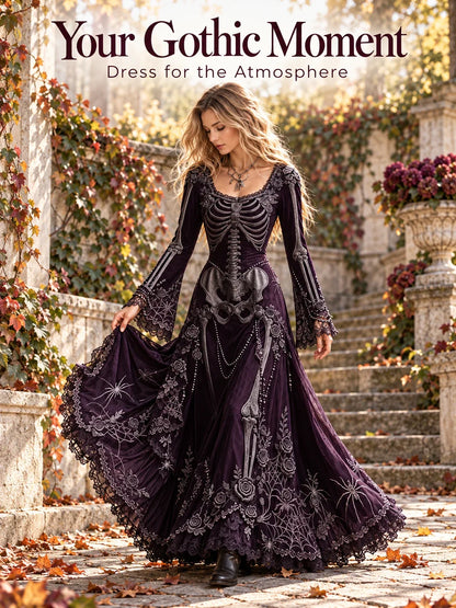 Gothic Skeleton Maxi Dress for Halloween | Bell Sleeve 🕸️