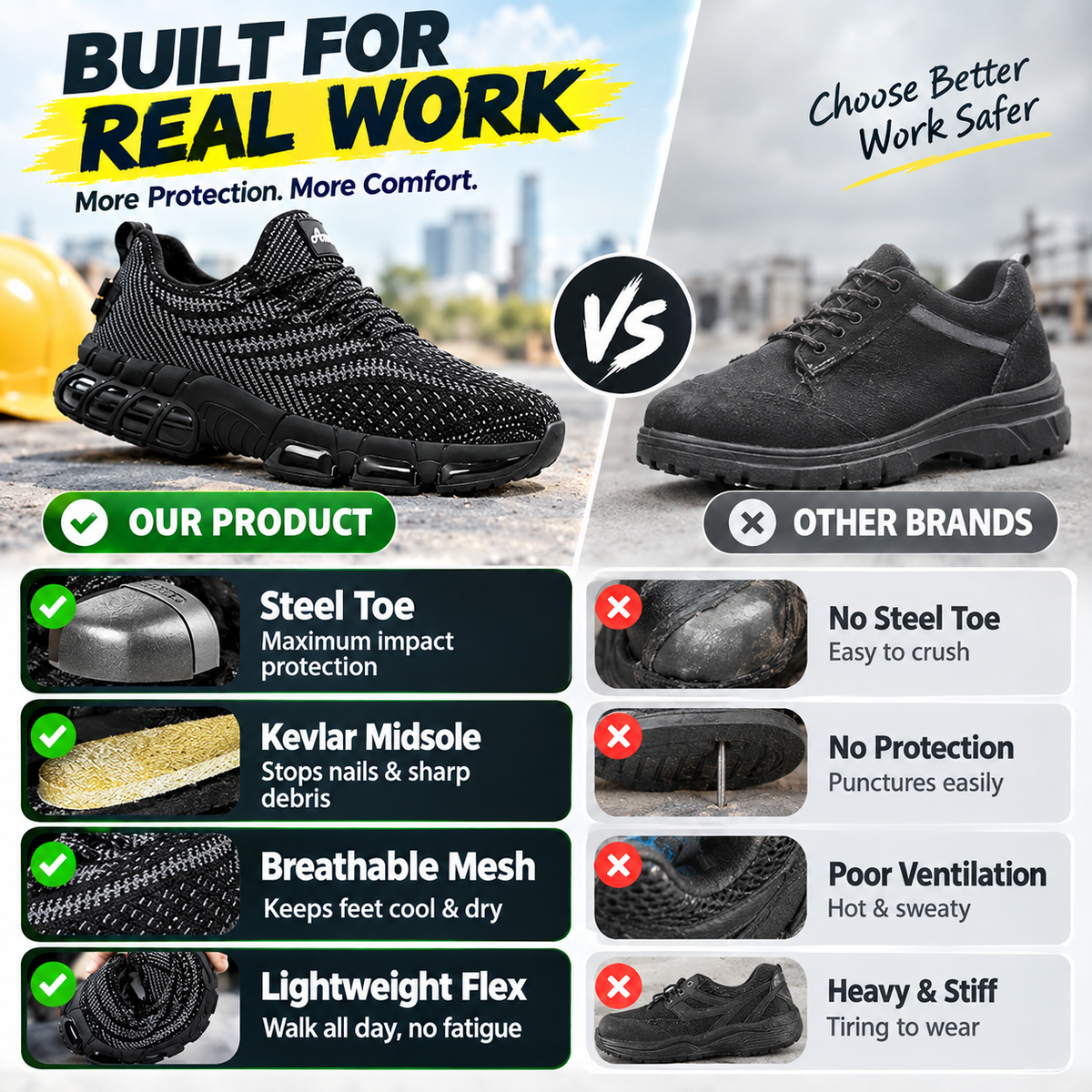 👟 Men's Lightweight Steel Toe Safety Sneakers | Puncture-Proof Work Shoes