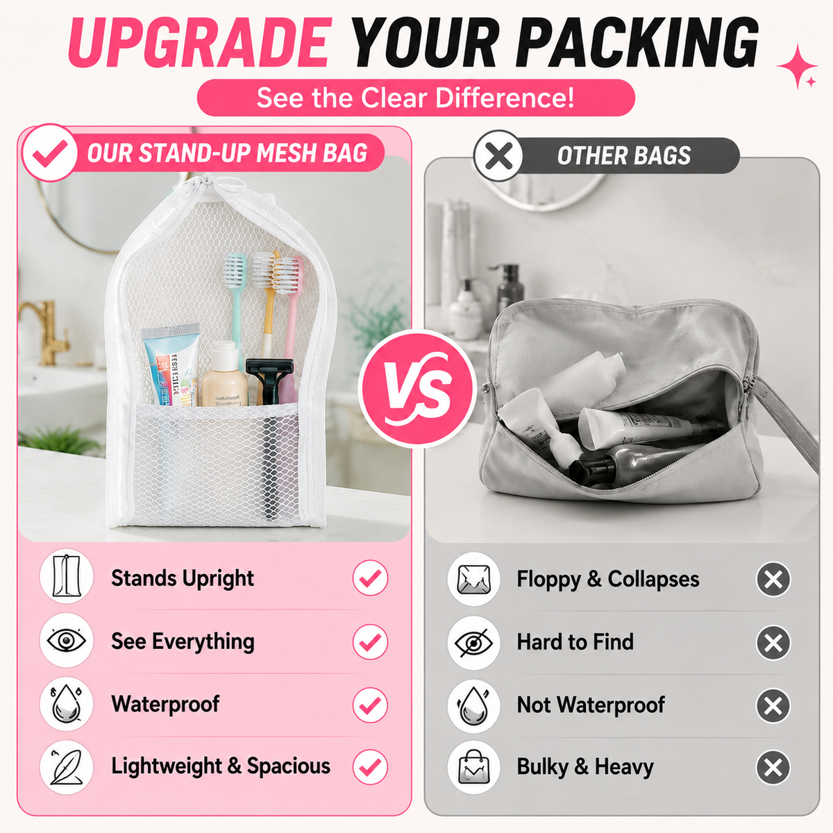 💧 Waterproof Upright Cosmetic Pouch with Crystal-Clear Mesh