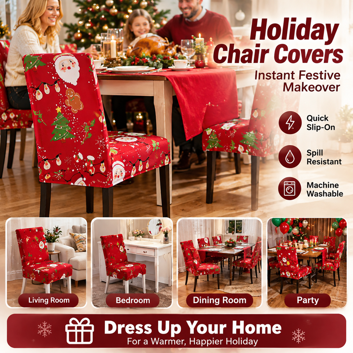 🎄 Elastic Christmas Dining Chair Cover – Soft, Washable & Festive Slipcover 🎅