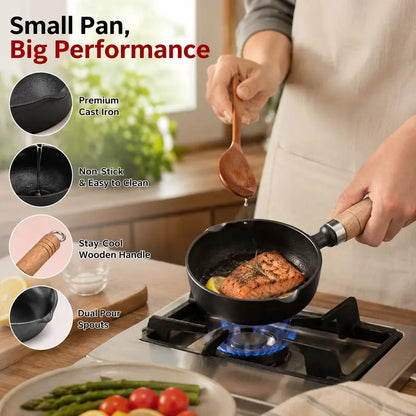 🍳 4.3' Pre-Seasoned Cast Iron Mini Sauce Pan with Wooden Handle & Dual Pour Spouts