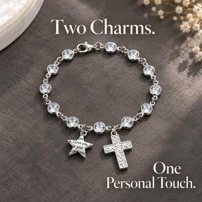 ✨ Sparkling Charm Chain with Faceted Stones – Silver-Tone Bow, Star & Cross Styles 🎁