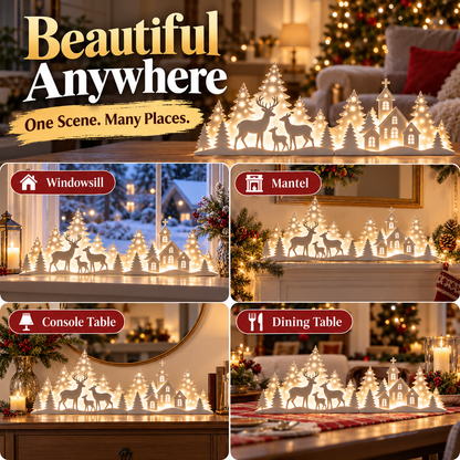 ✨ Light-Up Christmas Deer & Village Scene – Cozy Holiday Tabletop Decor