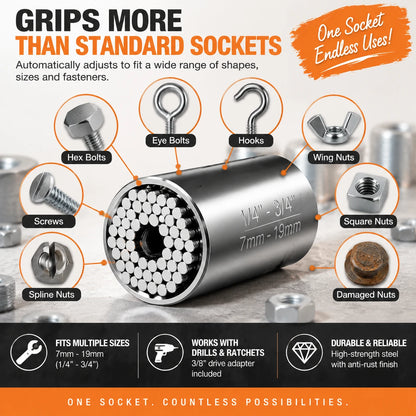 The Ultimate Universal Socket Tool – Instantly Grips Any Shape (7-19mm) with Power Drill Adapter