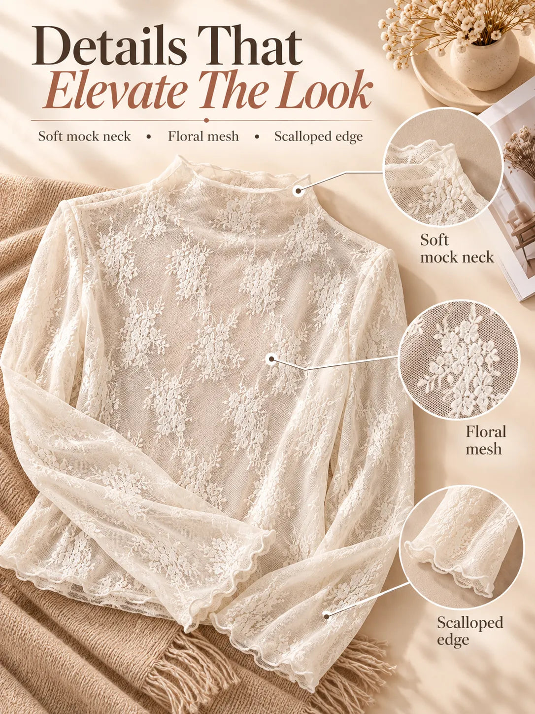 🌸 5-Pack Floral Lace Mesh Tops | Elegant Layering Set