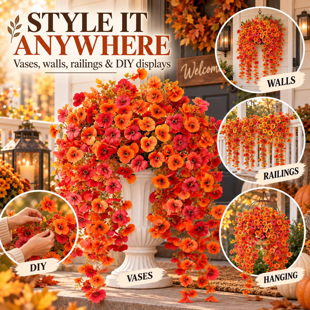 🍂 Fall Autumn Artificial Silk Pansy & Eucalyptus Hanging Bouquet-6 Packs