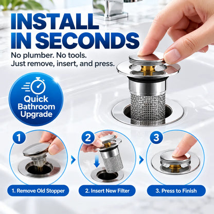 🚰 2-in-1 Pop-Up Sink Drain Stopper with Hair Catcher | Easy-Clean Bathroom Drain Filter