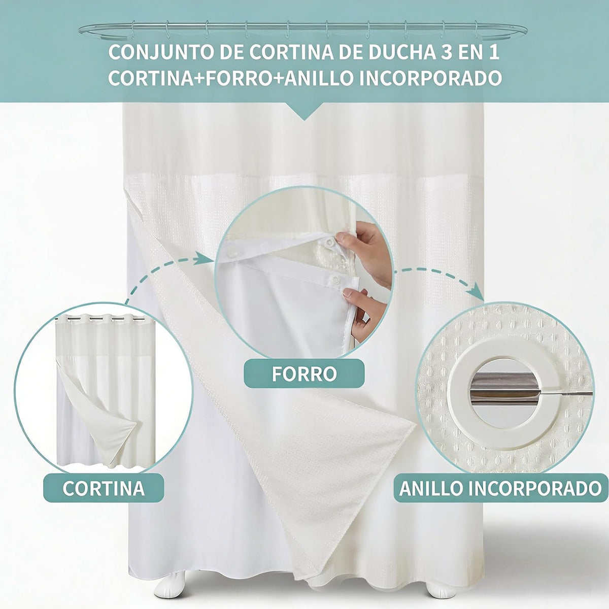 🎐Luxury Waffle Weave Shower Curtain Set with Sheer Liner & Hooks | Hotel Spa Collection