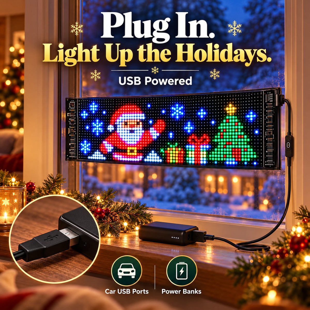 Christmas LED Pixel Window Display | App Controlled Animated Holiday Light for Car & Home Decor
