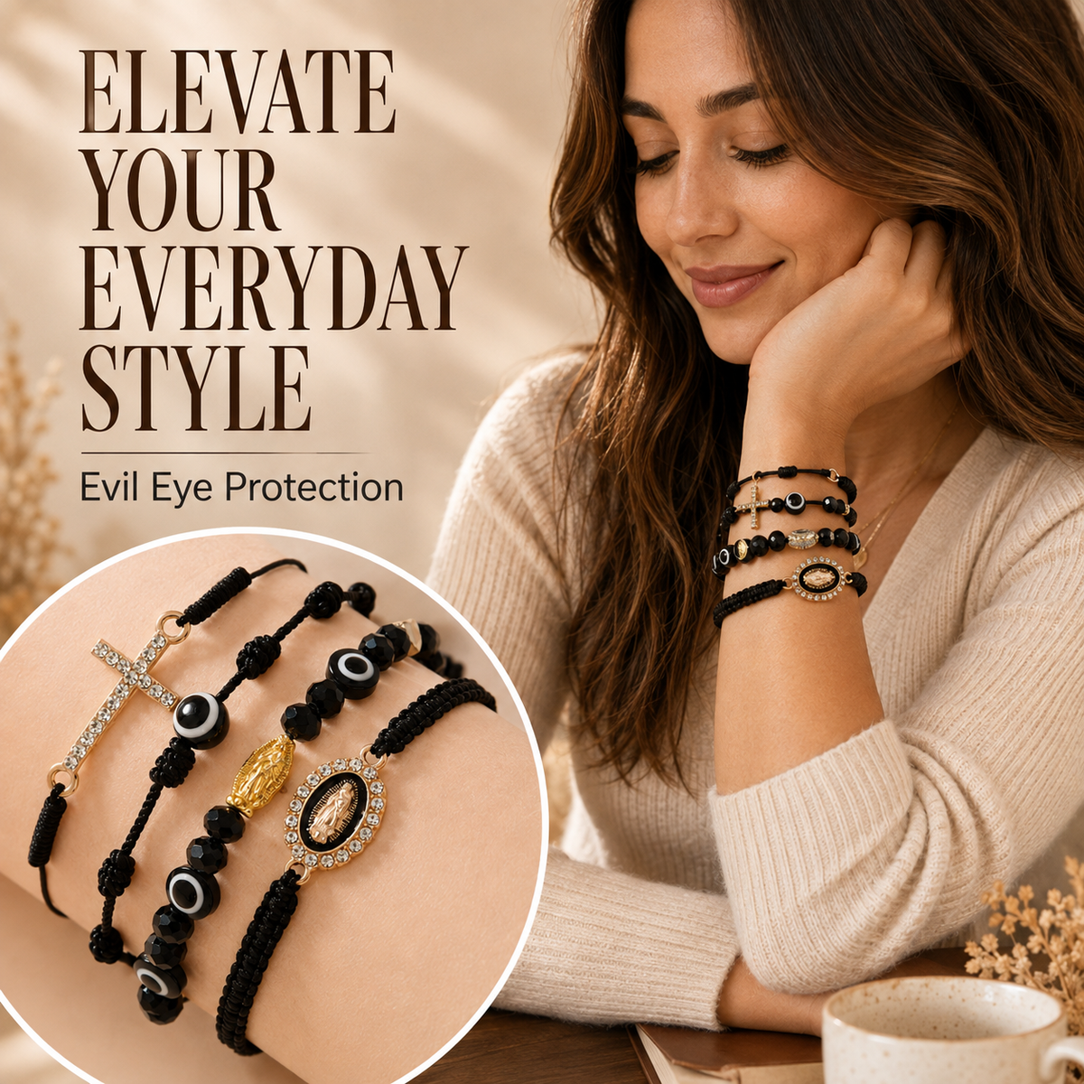 ✨ Aesthetic Multi-Layer Evil Eye & Cross Braided Bracelet Set