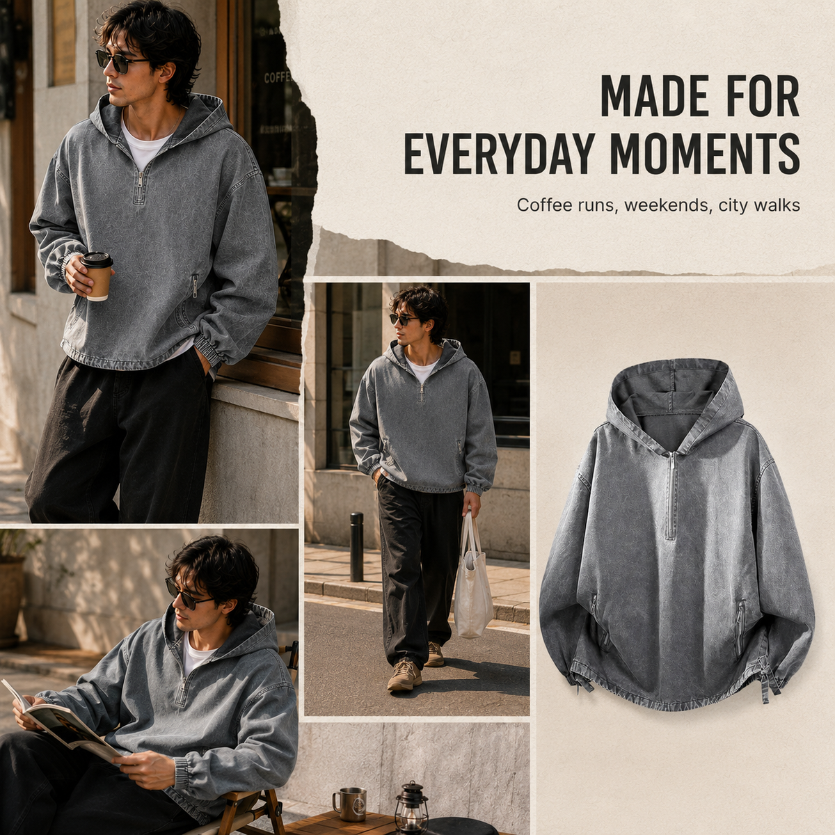 🧥 100% Cotton Vintage Washed Half-Zip Hoodie – Relaxed Fit Pullover ✨