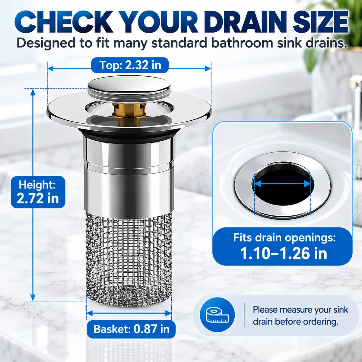 🚰 2-in-1 Pop-Up Sink Drain Stopper with Hair Catcher | Easy-Clean Bathroom Drain Filter