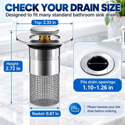 🚰 2-in-1 Pop-Up Sink Drain Stopper with Hair Catcher | Easy-Clean Bathroom Drain Filter