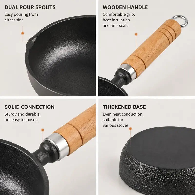 🍳 4.3' Pre-Seasoned Cast Iron Mini Sauce Pan with Wooden Handle & Dual Pour Spouts