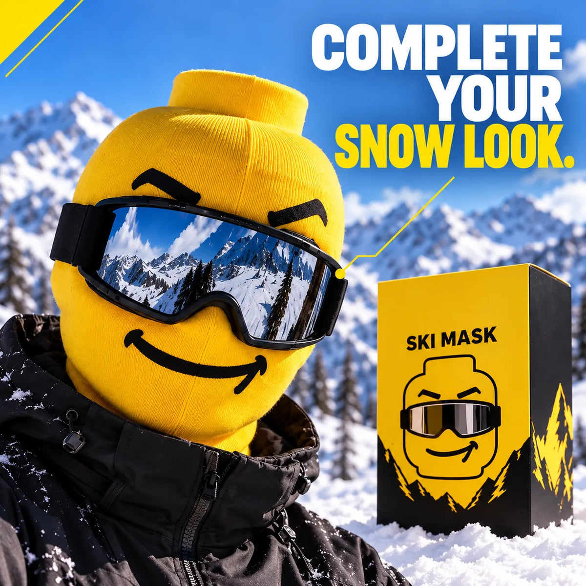 😜 Funny Yellow Ski Mask – Knit Balaclava with 4 Playful Faces ❄️