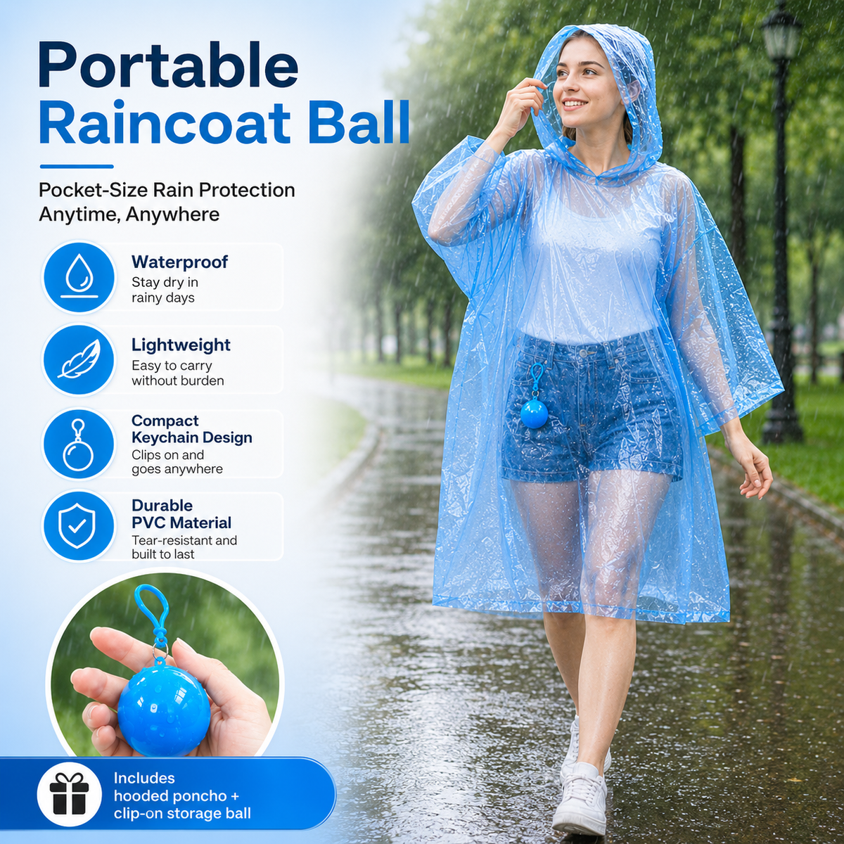🎒 Ultimate Clip-On Travel Rain Poncho Ball | Compact Emergency Waterproof Raincoat Pack 🌧️