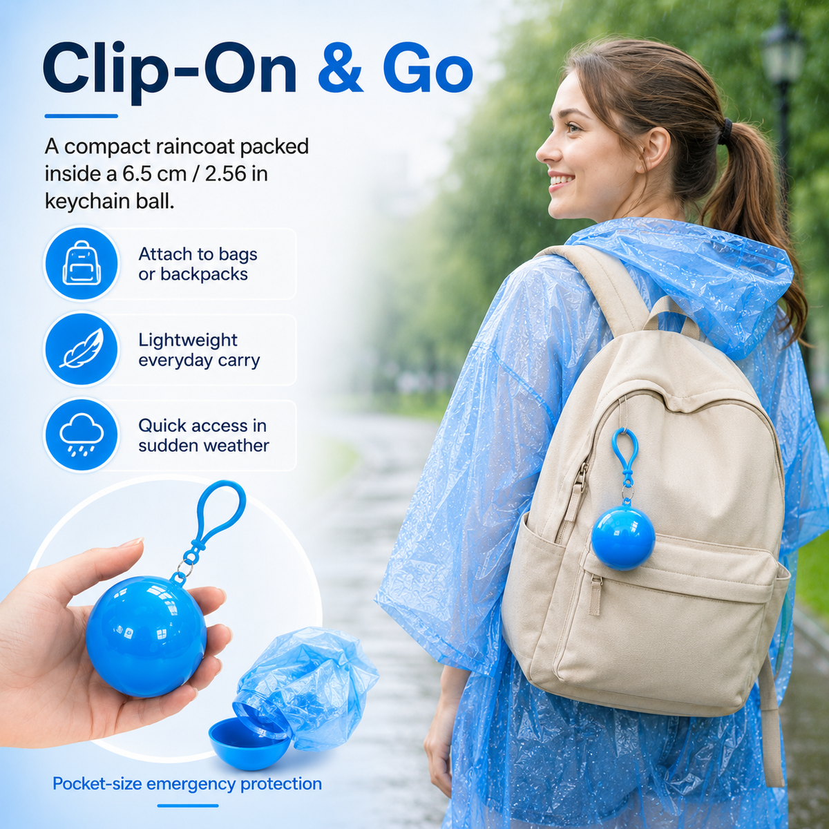 🎒 Ultimate Clip-On Travel Rain Poncho Ball | Compact Emergency Waterproof Raincoat Pack 🌧️