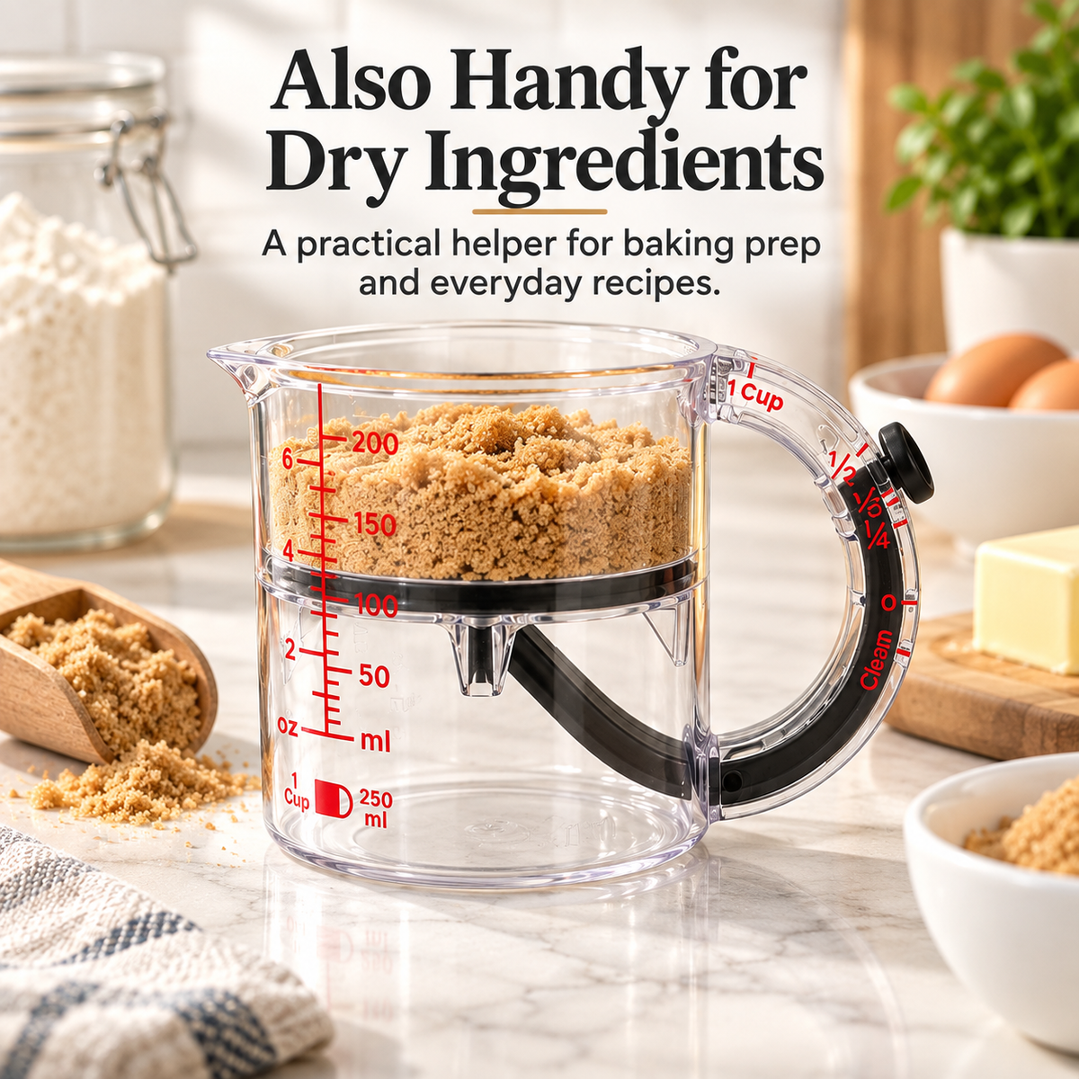 🥣 Adjustable Measuring Cup with Built-In Scraper – 1 Cup / 250 mL