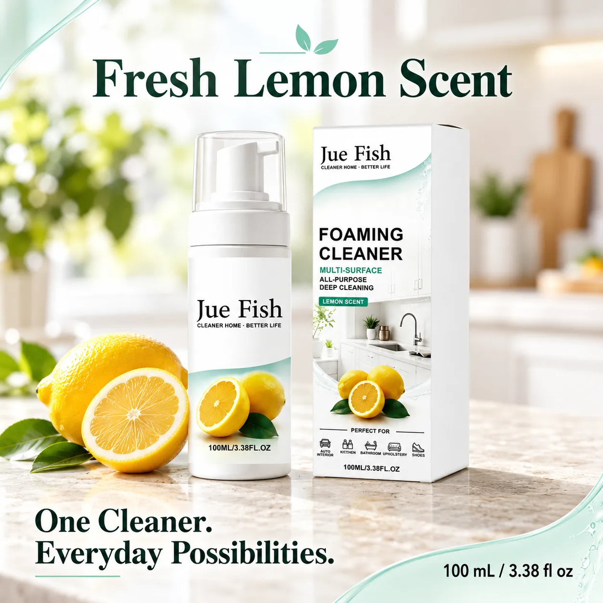 🍋 Jue Fish Multi-Surface Foaming Cleaner — Lemon-Scented Spot Cleaning for Home & Car ✨