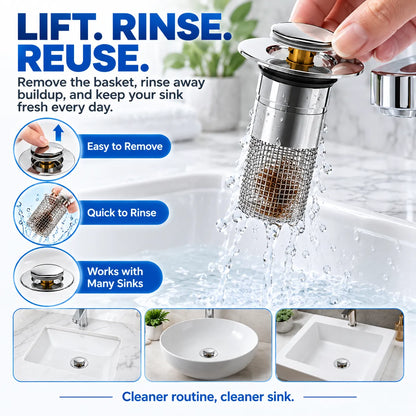 🚰 2-in-1 Pop-Up Sink Drain Stopper with Hair Catcher | Easy-Clean Bathroom Drain Filter