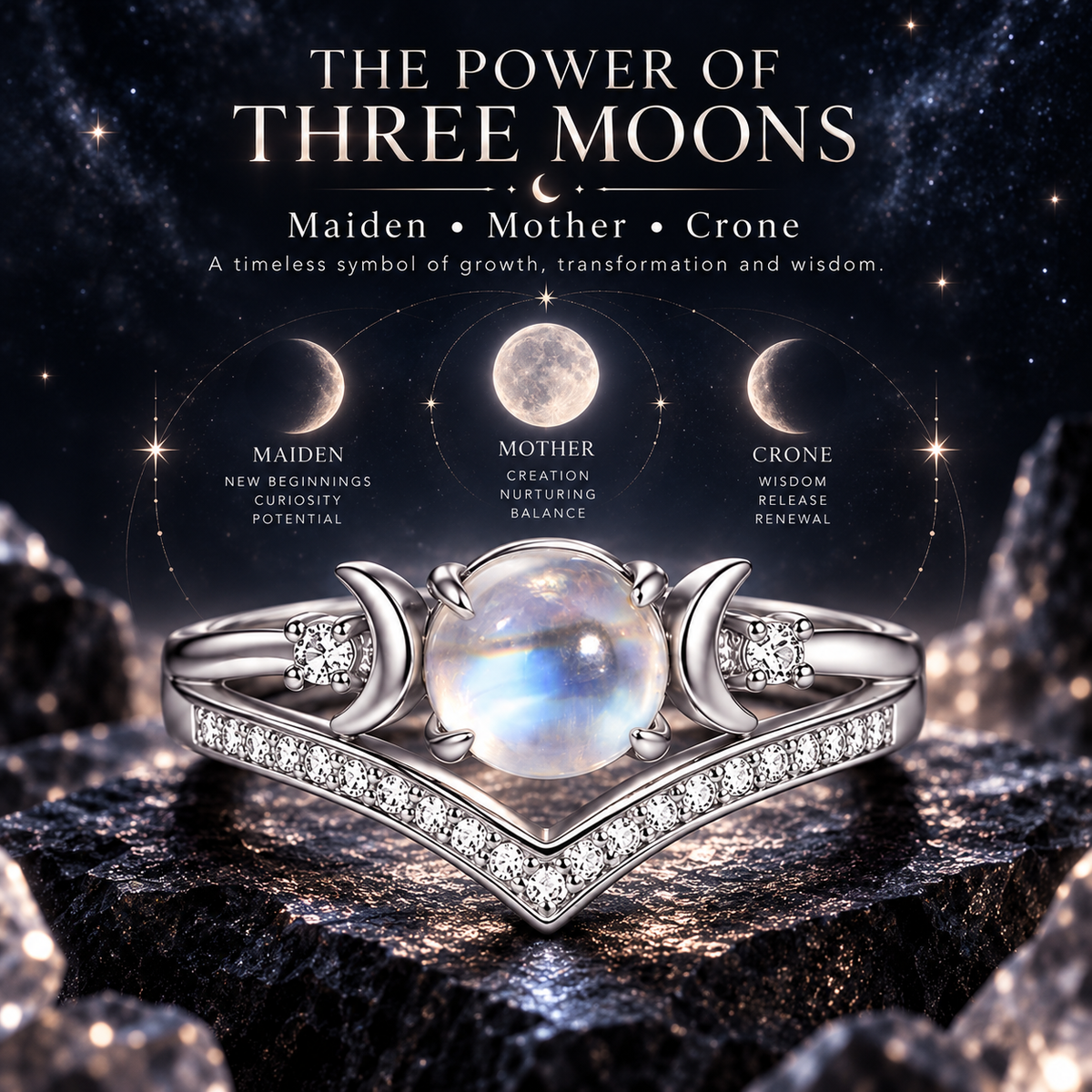 Triple Moon Moonstone-Inspired Ring Set – Silver-Tone Witchy Celestial Stackable Rings for Women