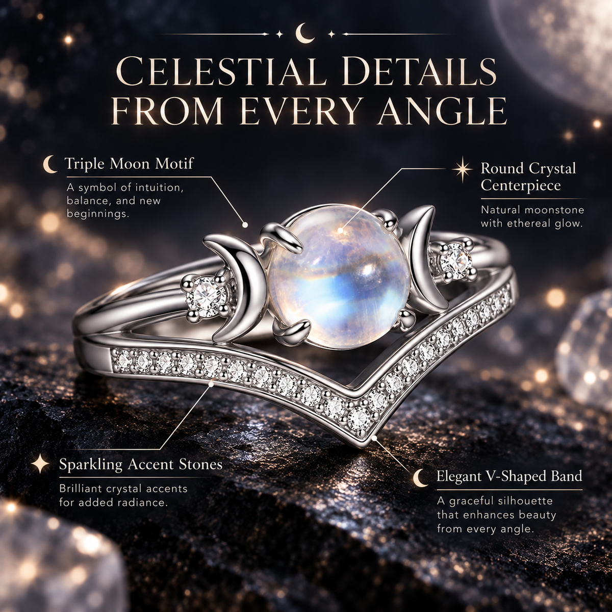 Triple Moon Moonstone-Inspired Ring Set – Silver-Tone Witchy Celestial Stackable Rings for Women