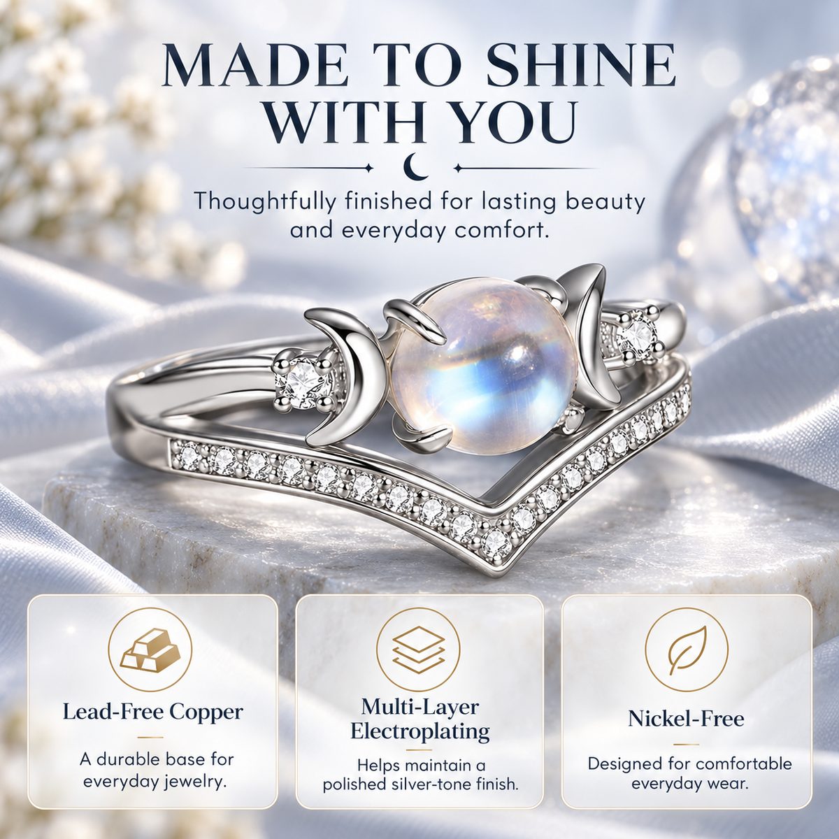 Triple Moon Moonstone-Inspired Ring Set – Silver-Tone Witchy Celestial Stackable Rings for Women