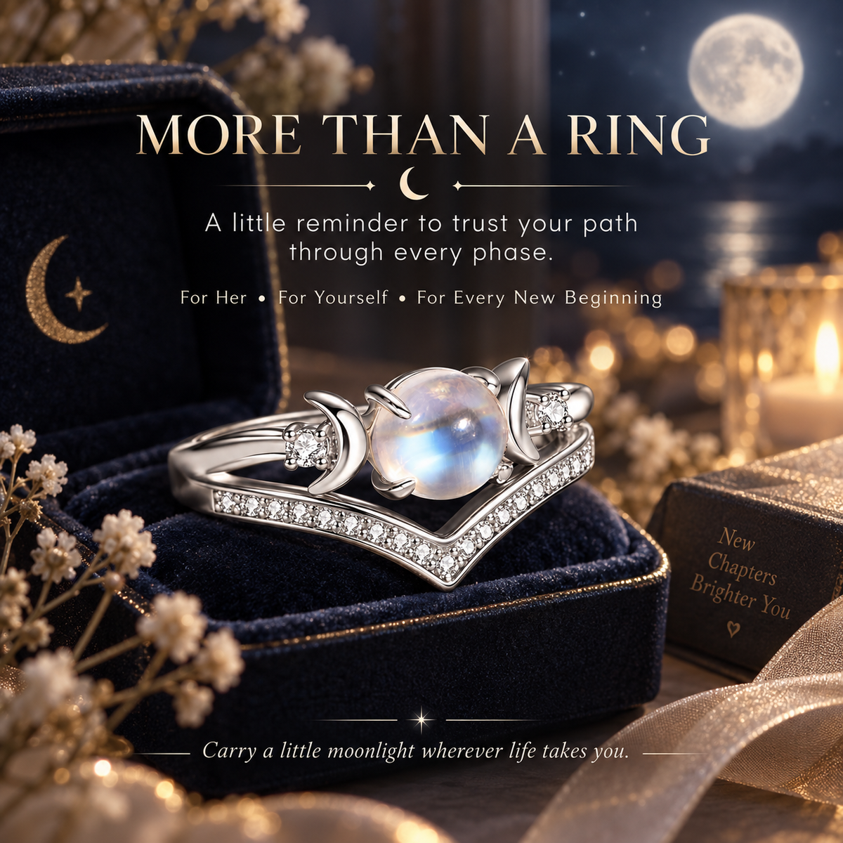 Triple Moon Moonstone-Inspired Ring Set – Silver-Tone Witchy Celestial Stackable Rings for Women
