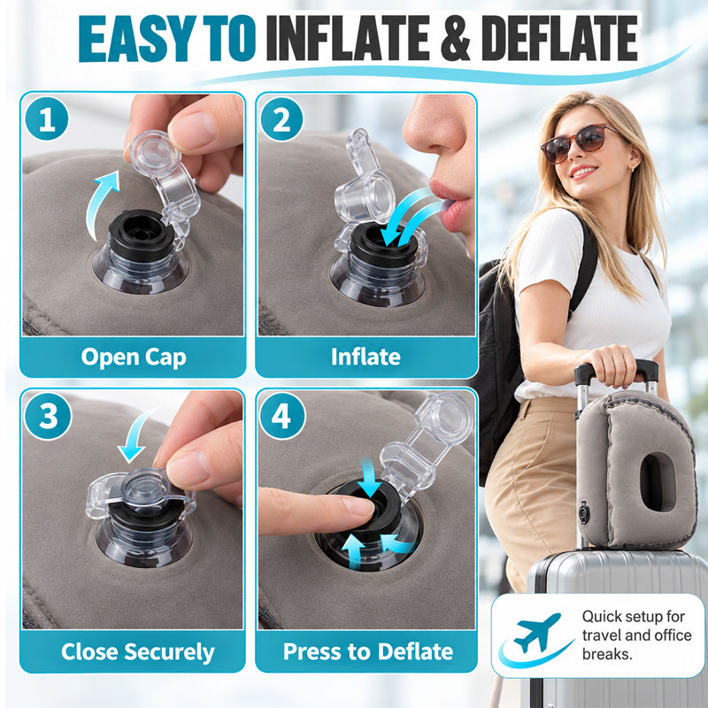 Inflatable airplane pillow – product use and travel rest demonstration