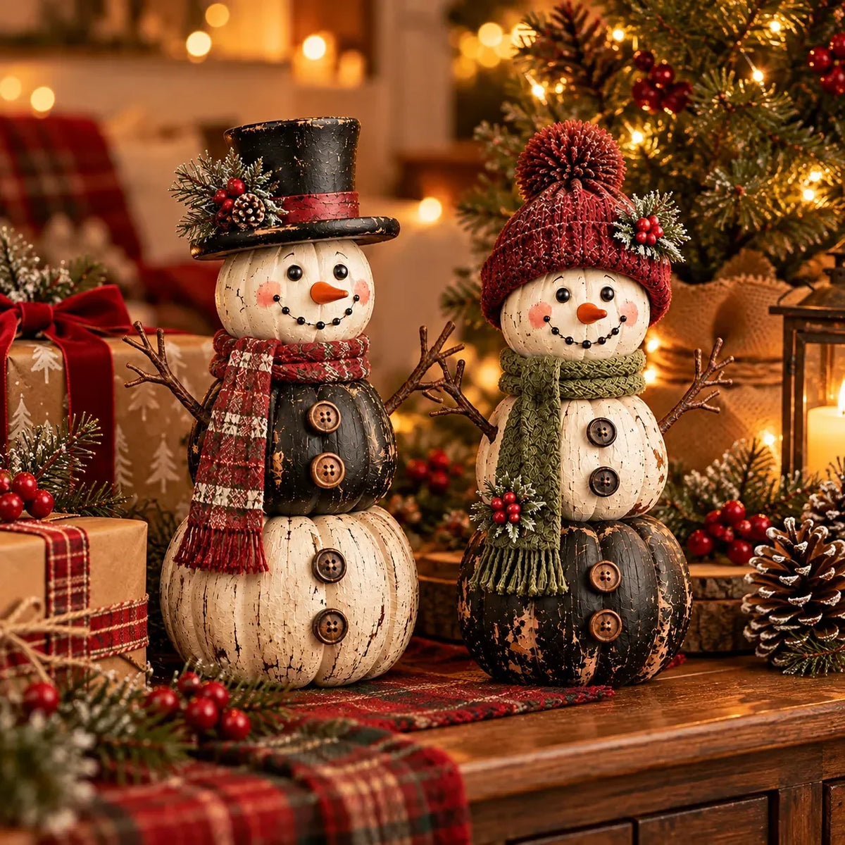 🎃 Vintage Pumpkin Snowman Duo – Whimsical Seasonal Decor with Nostalgic Charm ⛄