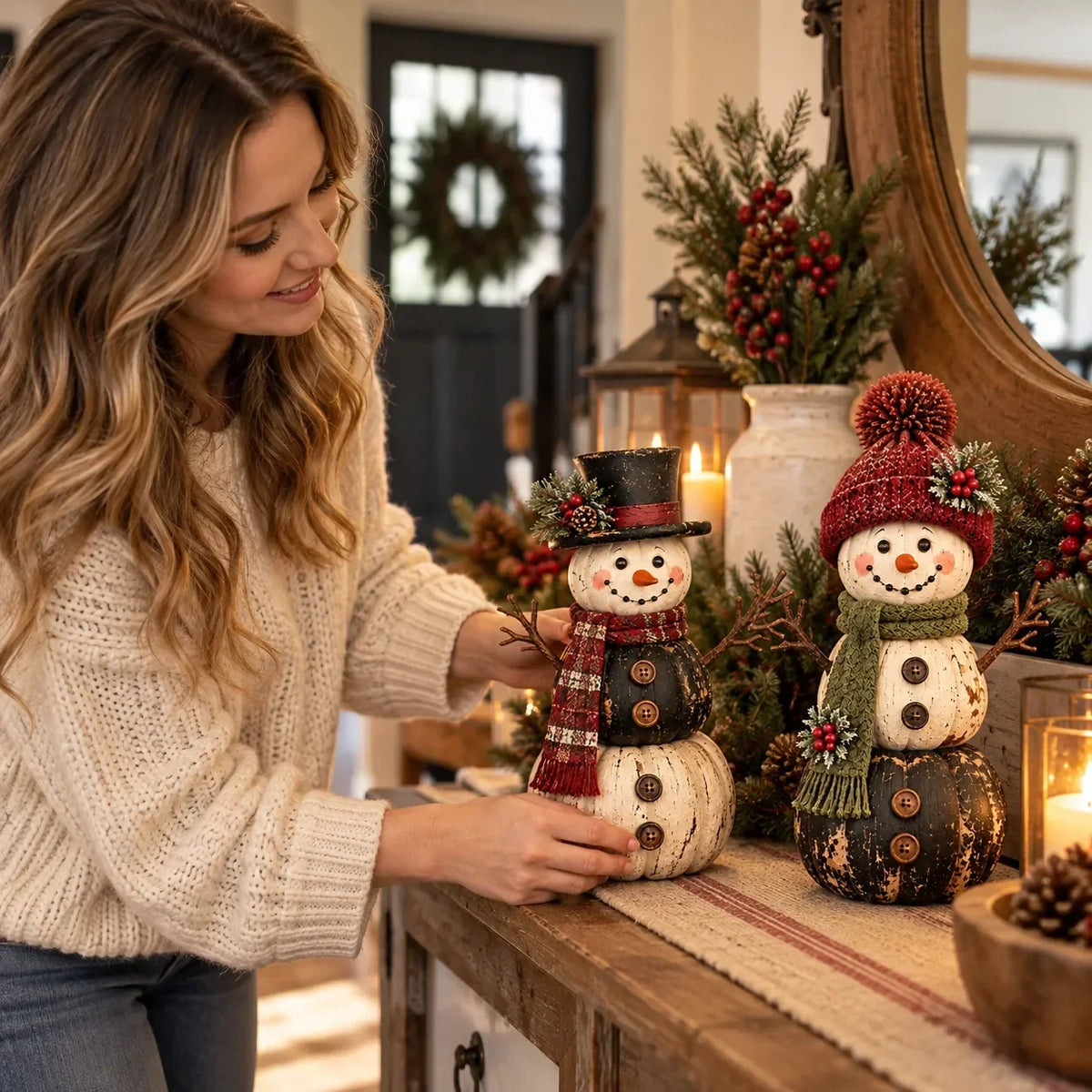 🎃 Vintage Pumpkin Snowman Duo – Whimsical Seasonal Decor with Nostalgic Charm ⛄